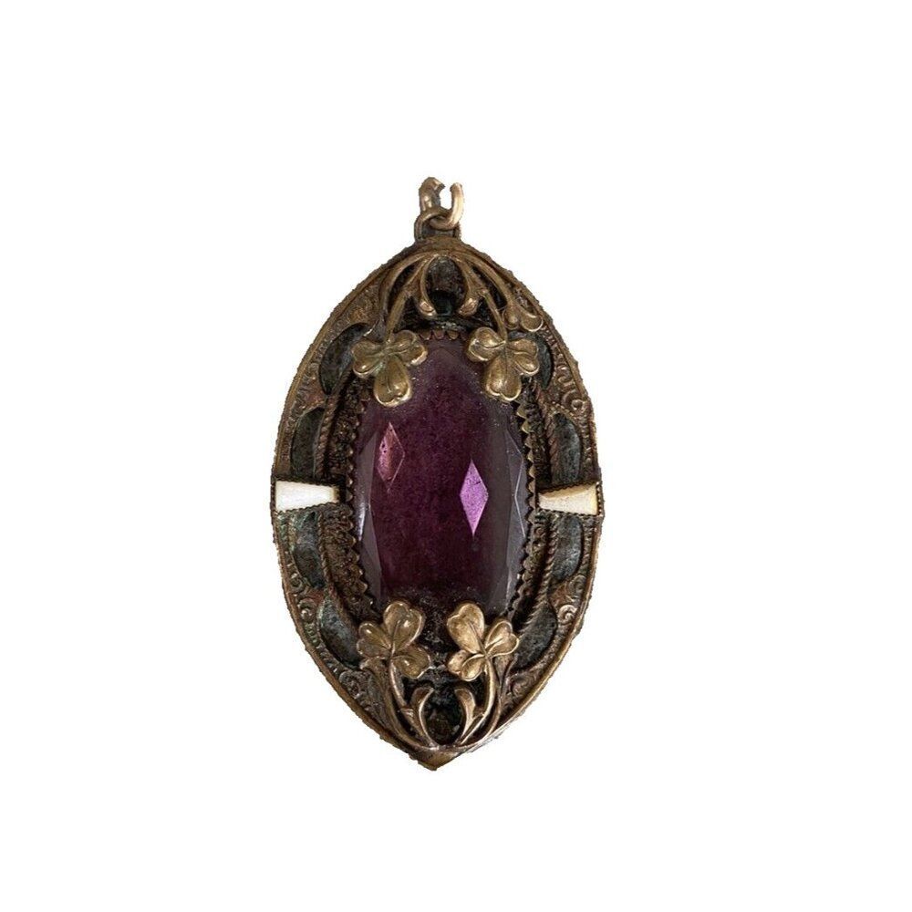 Antique Art Nouveau Necklace Pendant Bronze Glass Floral 1900 Approx.
